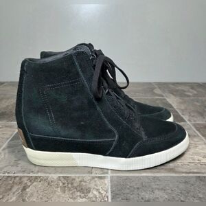 SOREL OUT 'N ABOUT SUEDE HIGH TOP WEDGE SNEAKERS.